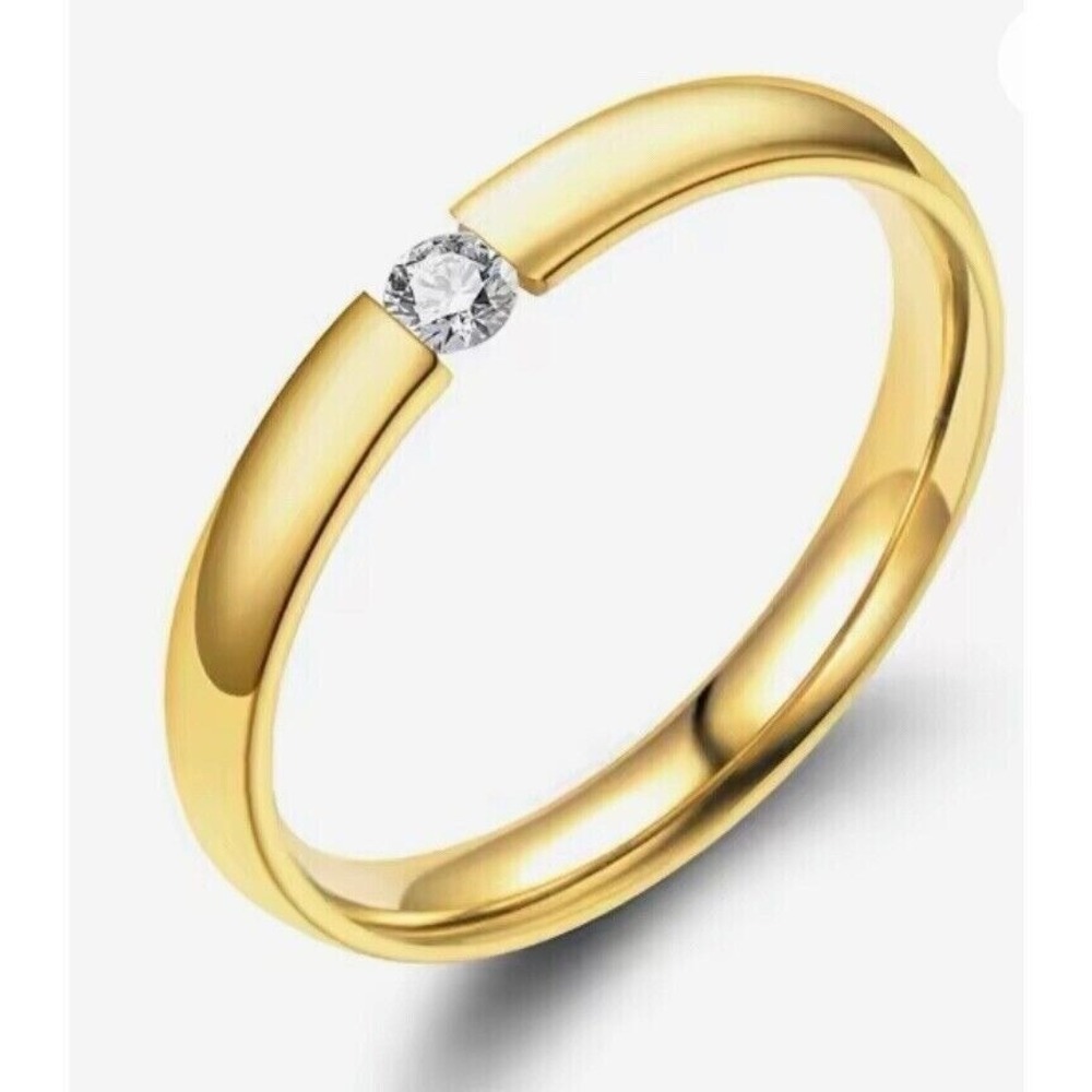 14k‎ Gold Ring over steel CZ Stone 316L Steel Band Minimalist Stacking Ring sz 5